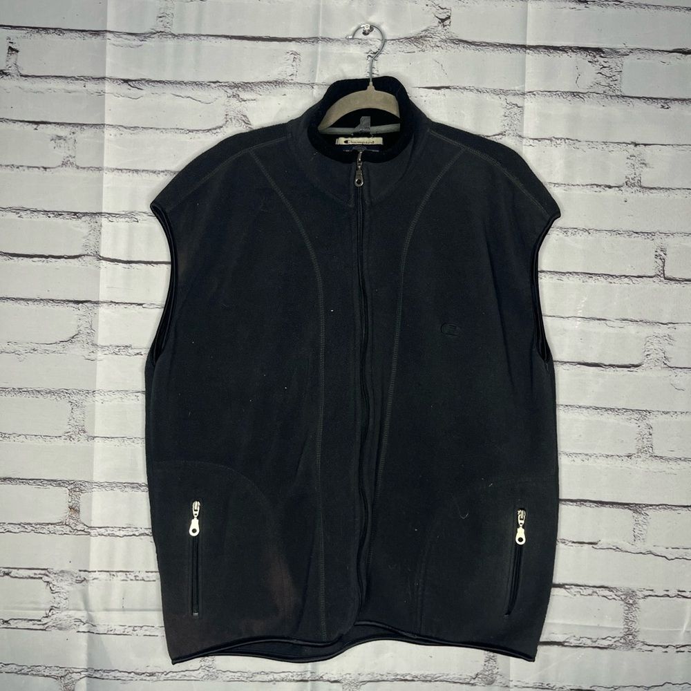 Vintage 90s Champion Black Zip Up Sweater Vest SZ XL Stand-Up Collar Sleeveless